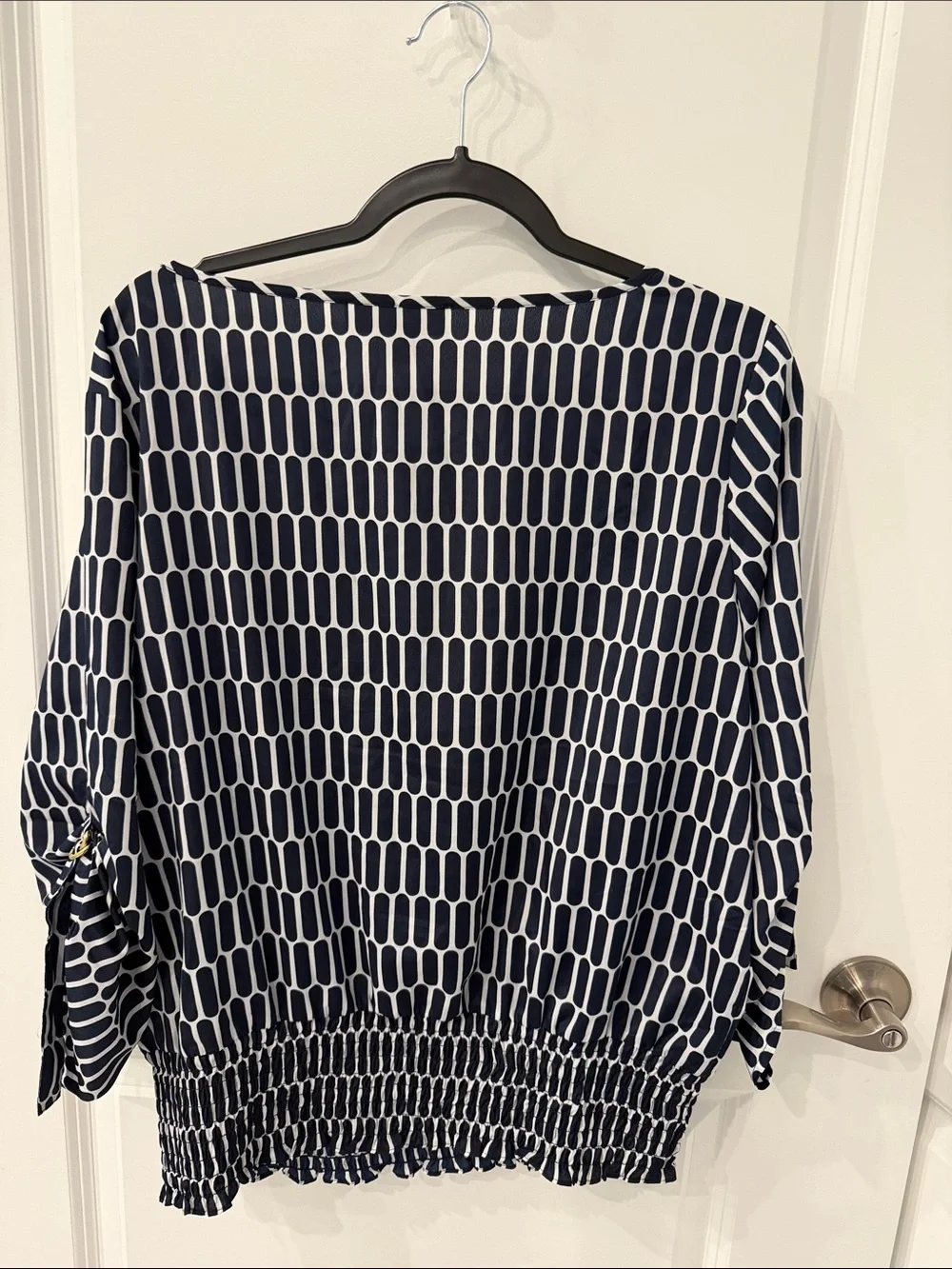 Michael Kors Navy and White Geometric Blouson Pullover